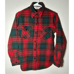 Vintage 1960s Woolrich The Woman Red & Green Plaid Button Flannel Shirt Sz 12
